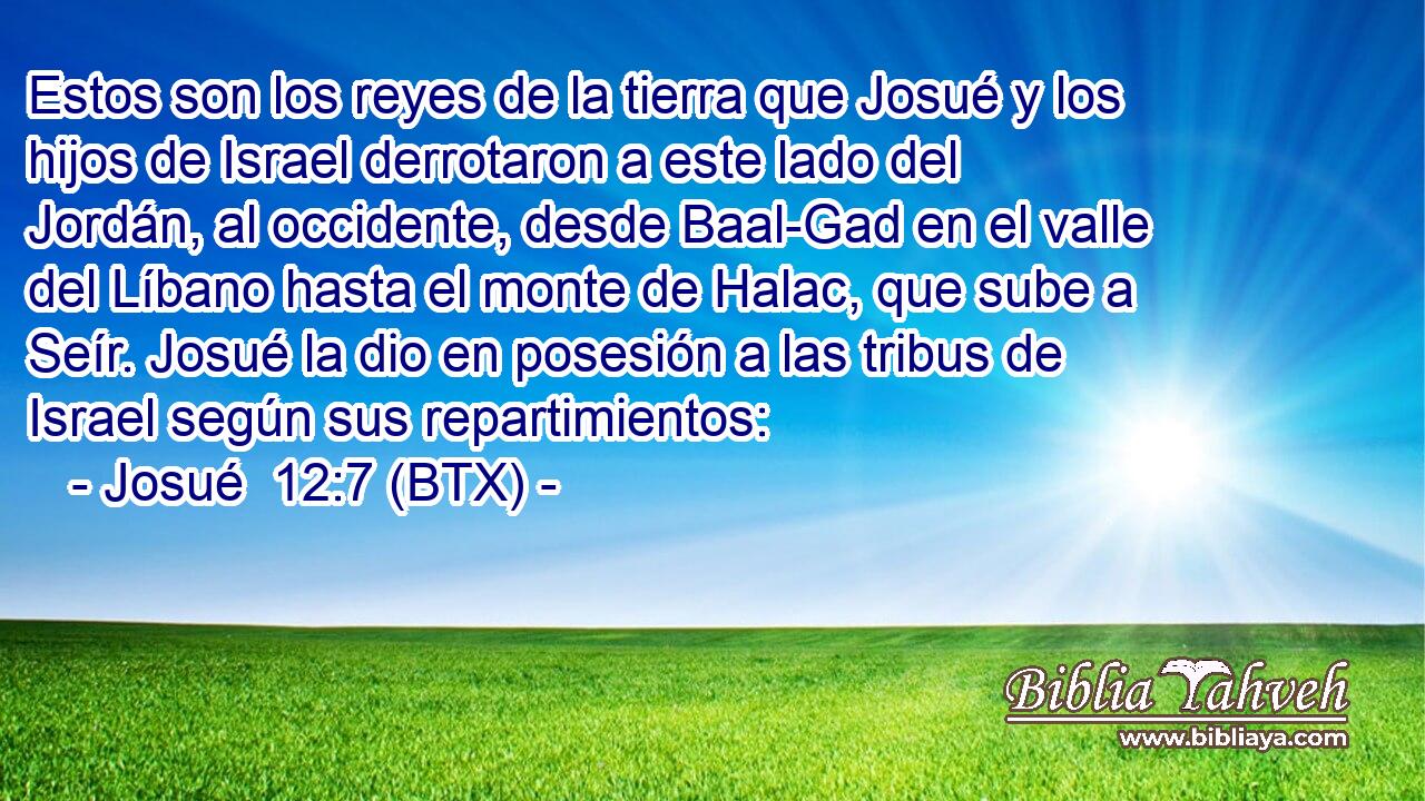 Estos son los reyes de la tierra que Josué y los hijos de Israel derrotaron a este lado del Jordán, al occidente, desde Baal-Gad en el valle del Líbano hasta el monte de Halac, que sube a Seír. Josué la dio en posesión a las tribus de Israel según sus repartimientos: