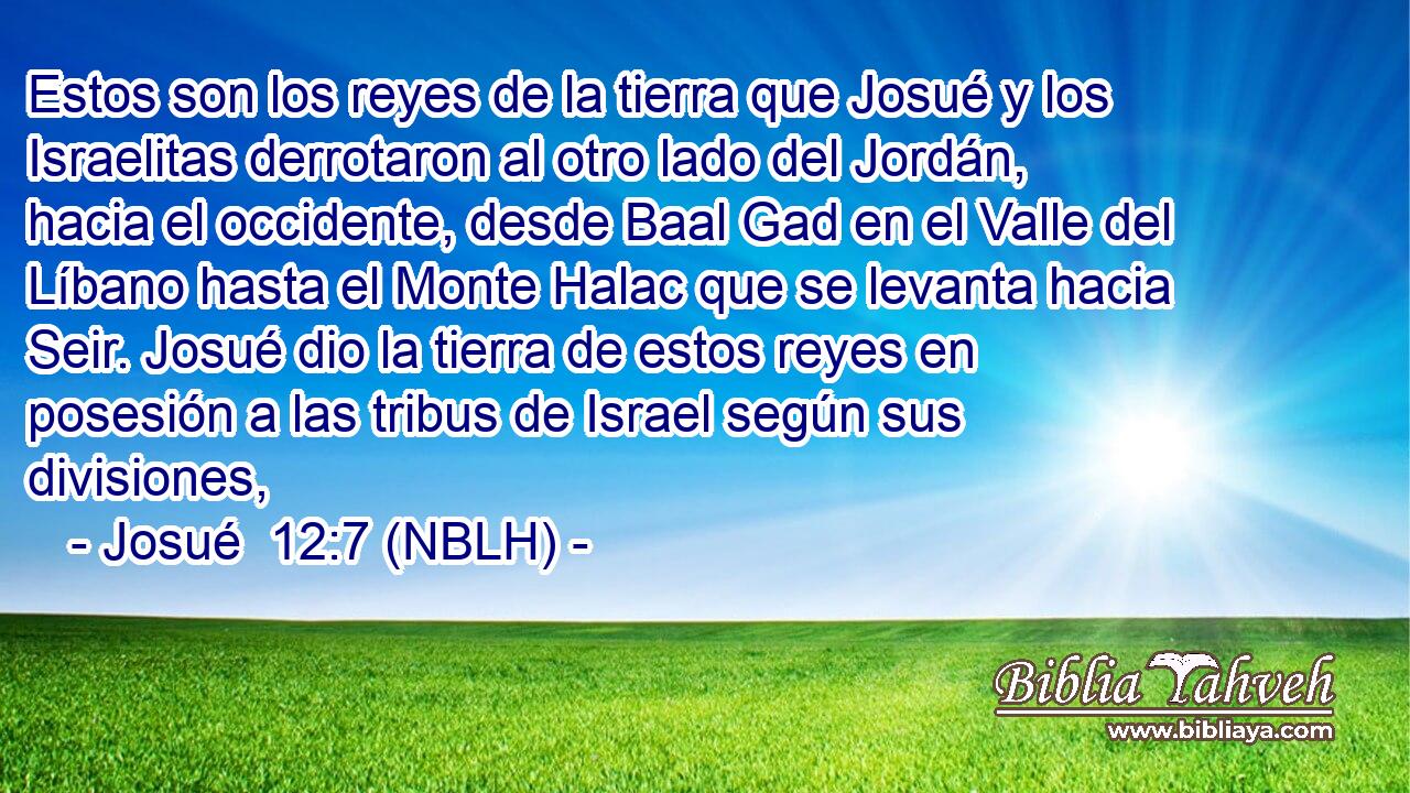  Estos son los reyes de la tierra que Josué y los Israelitas derrotaron al otro lado del Jordán, hacia el occidente, desde Baal Gad en el Valle del Líbano hasta el Monte Halac que se levanta hacia Seir. Josué dio la tierra de estos reyes en posesión a las tribus de Israel según sus divisiones, 