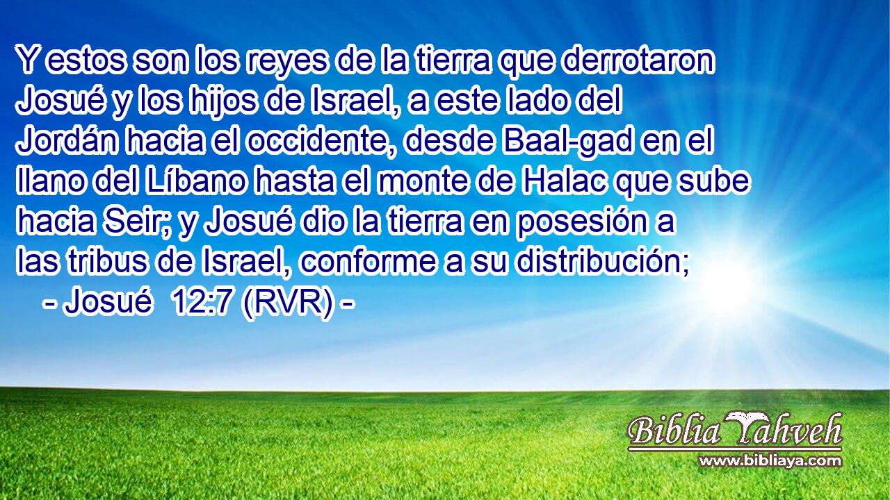 Y estos son los reyes de la tierra que derrotaron Josué y los hijos de Israel, a este lado del Jordán hacia el occidente, desde Baal-gad en el llano del Líbano hasta el monte de Halac que sube hacia Seir; y Josué dio la tierra en posesión a las tribus de Israel, conforme a su distribución;