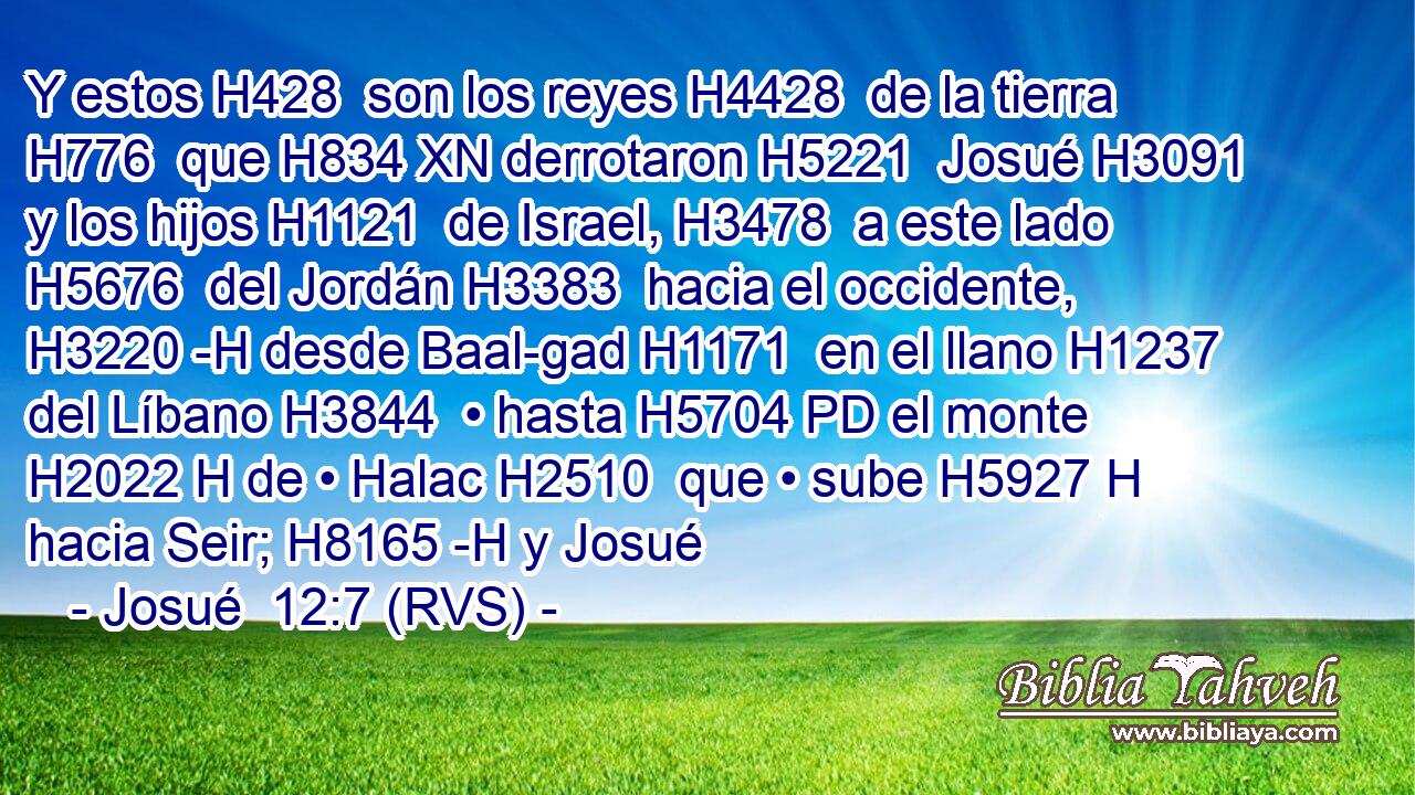 Y estos H428  son los reyes H4428  de la tierra H776  que H834 XN derrotaron H5221  Josué H3091  y los hijos H1121  de Israel, H3478  a este lado H5676  del Jordán H3383  hacia el occidente, H3220 -H desde Baal-gad H1171  en el llano H1237  del Líbano H3844  • hasta H5704 PD el monte H2022 H de • Halac H2510  que • sube H5927 H hacia Seir; H8165 -H y Josué 