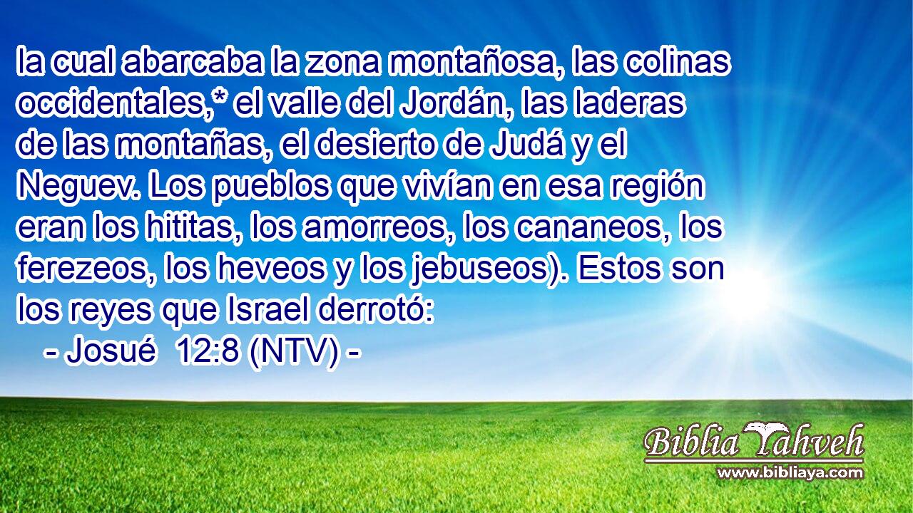 la cual abarcaba la zona montañosa, las colinas occidentales,* el valle del Jordán, las laderas de las montañas, el desierto de Judá y el Neguev. Los pueblos que vivían en esa región eran los hititas, los amorreos, los cananeos, los ferezeos, los heveos y los jebuseos). Estos son los reyes que Israel derrotó: