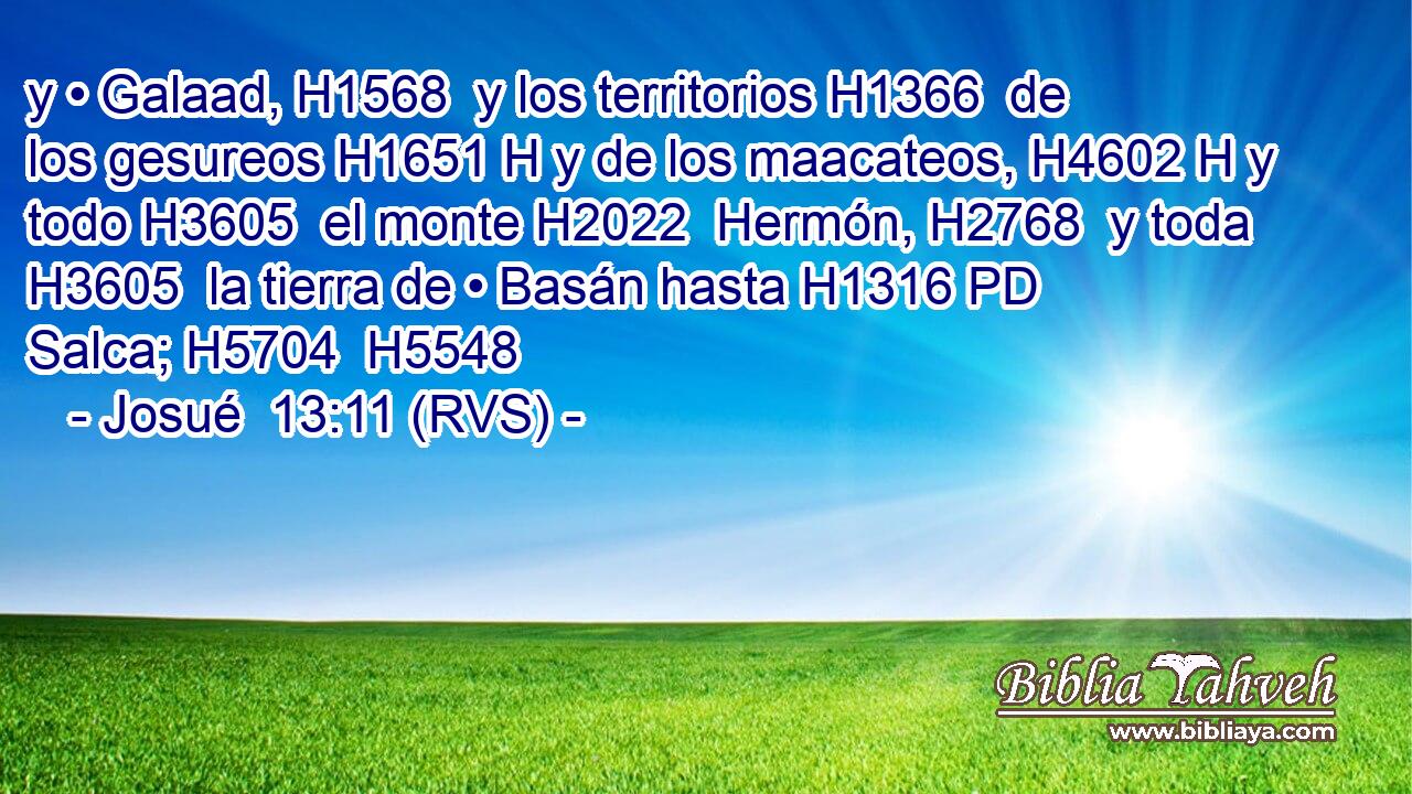 y • Galaad, H1568  y los territorios H1366  de los gesureos H1651 H y de los maacateos, H4602 H y todo H3605  el monte H2022  Hermón, H2768  y toda H3605  la tierra de • Basán hasta H1316 PD Salca; H5704  H5548 