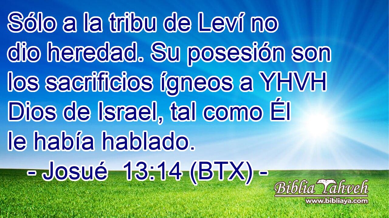 Sólo a la tribu de Leví no dio heredad. Su posesión son los sacrificios ígneos a YHVH Dios de Israel, tal como Él le había hablado.