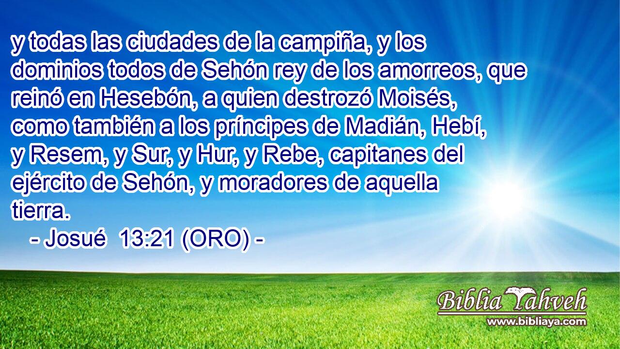  y todas las ciudades de la campiña, y los dominios todos de Sehón rey de los amorreos, que reinó en Hesebón, a quien destrozó Moisés, como también a los príncipes de Madián, Hebí, y Resem, y Sur, y Hur, y Rebe, capitanes del ejército de Sehón, y moradores de aquella tierra. 