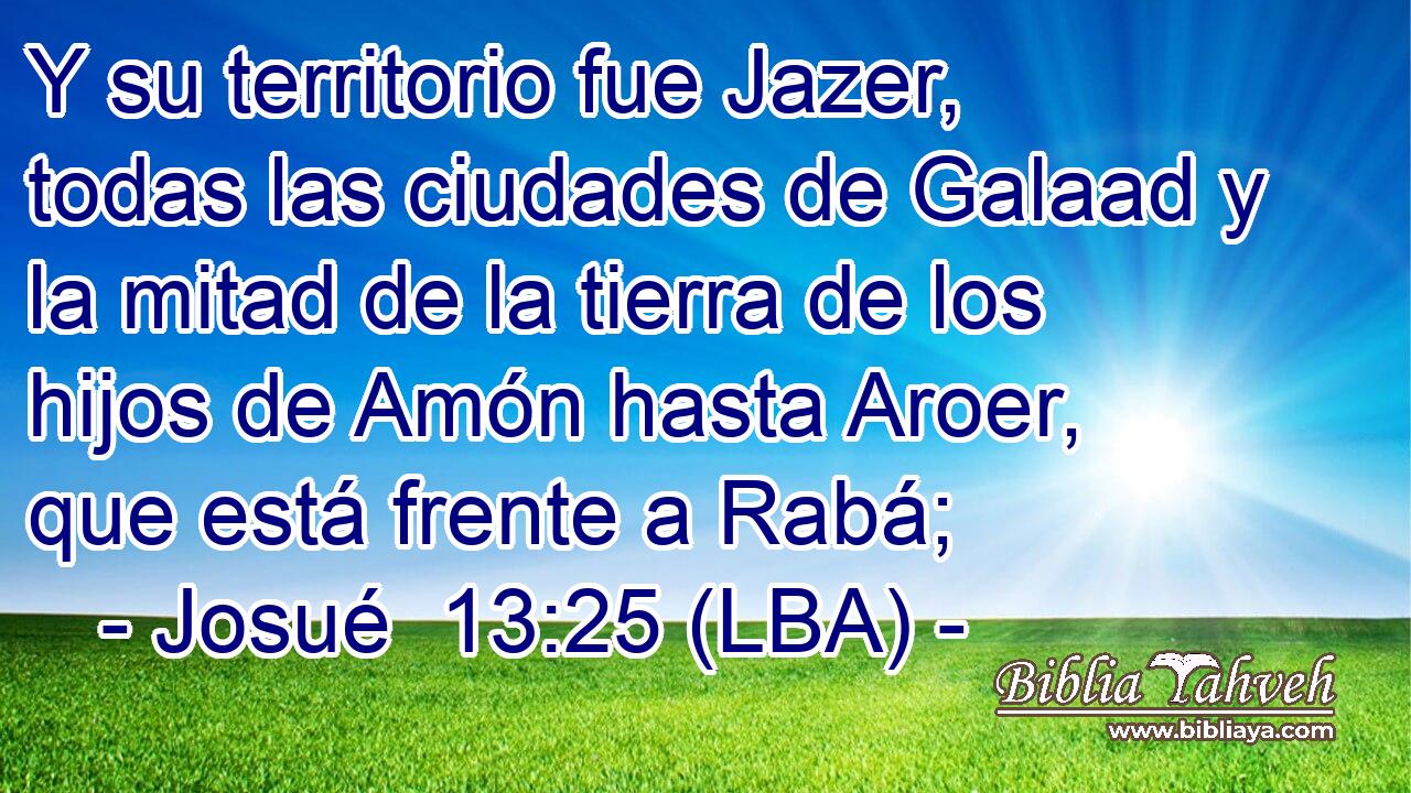 Y su territorio fue Jazer, todas las ciudades de Galaad y la mitad de la tierra de los hijos de Amón hasta Aroer, que está frente a Rabá;