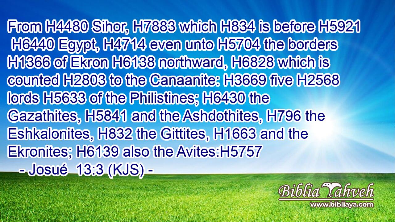 From H4480 Sihor, H7883 which H834 is before H5921  H6440 Egypt, H4714 even unto H5704 the borders H1366 of Ekron H6138 northward, H6828 which is counted H2803 to the Canaanite: H3669 five H2568 lords H5633 of the Philistines; H6430 the Gazathites, H5841 and the Ashdothites, H796 the Eshkalonites, H832 the Gittites, H1663 and the Ekronites; H6139 also the Avites:H5757