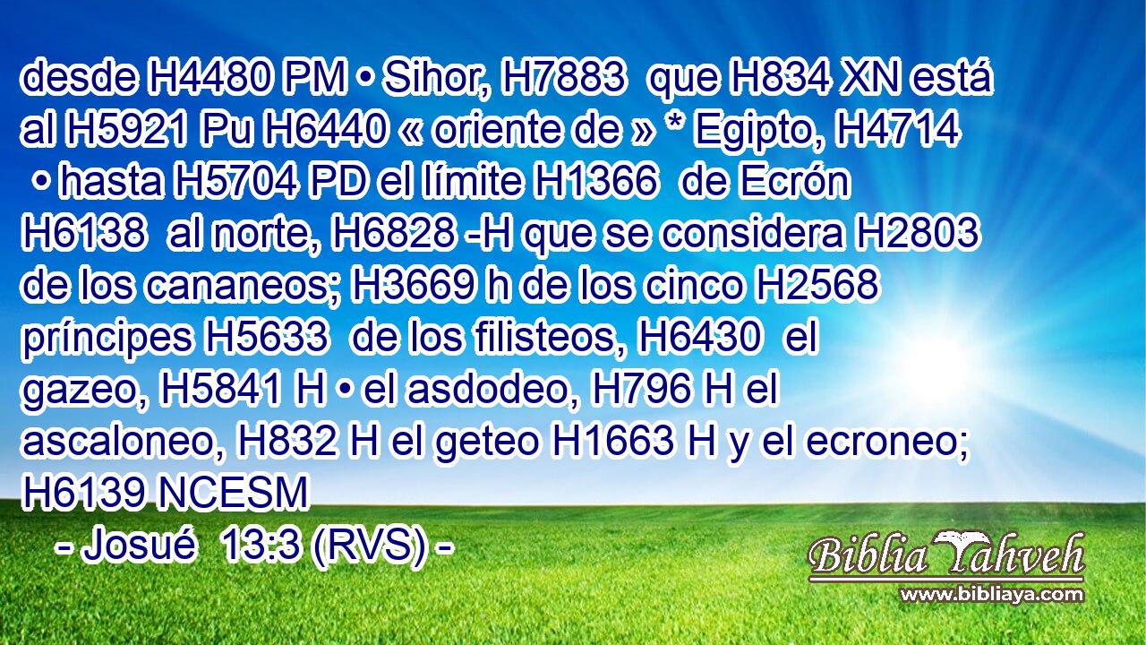 desde H4480 PM • Sihor, H7883  que H834 XN está al H5921 Pu H6440 « oriente de » * Egipto, H4714  • hasta H5704 PD el límite H1366  de Ecrón H6138  al norte, H6828 -H que se considera H2803  de los cananeos; H3669 h de los cinco H2568  príncipes H5633  de los filisteos, H6430  el gazeo, H5841 H • el asdodeo, H796 H el ascaloneo, H832 H el geteo H1663 H y el ecroneo; H6139 NCESM