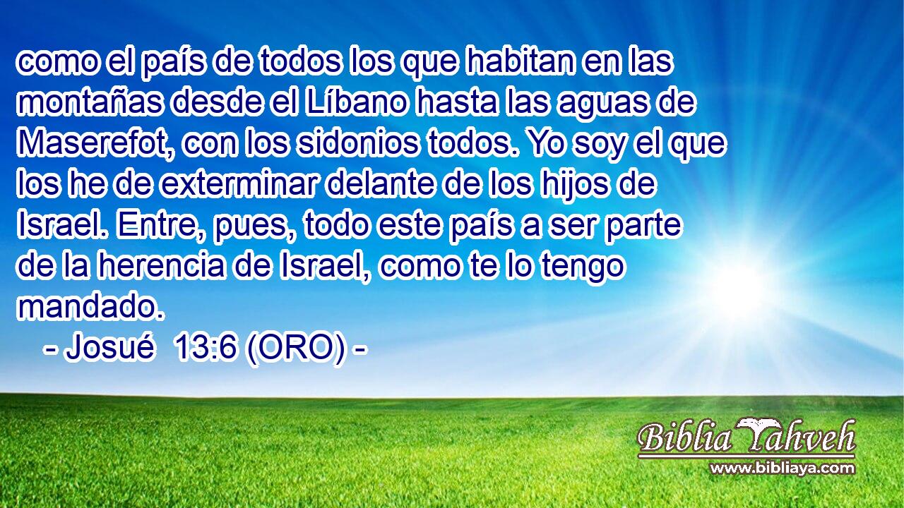  como el país de todos los que habitan en las montañas desde el Líbano hasta las aguas de Maserefot, con los sidonios todos. Yo soy el que los he de exterminar delante de los hijos de Israel. Entre, pues, todo este país a ser parte de la herencia de Israel, como te lo tengo mandado. 