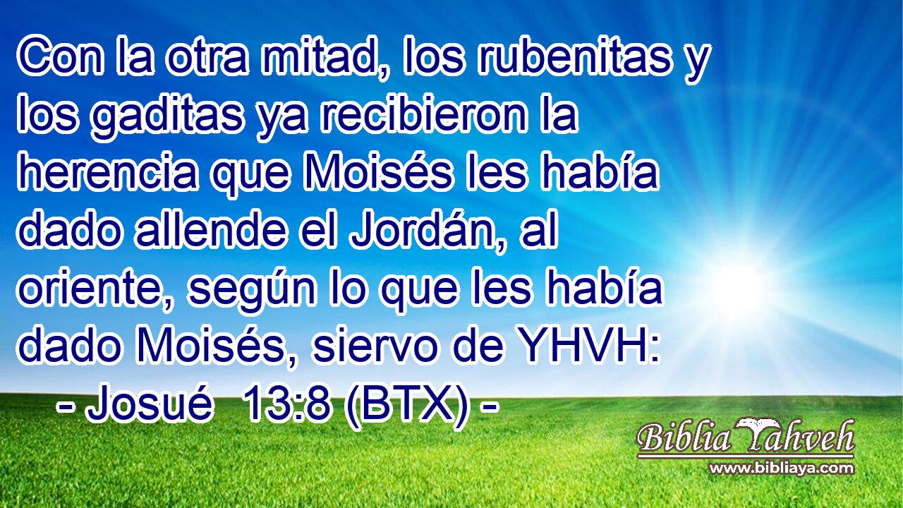 Con la otra mitad, los rubenitas y los gaditas ya recibieron la herencia que Moisés les había dado allende el Jordán, al oriente, según lo que les había dado Moisés, siervo de YHVH: