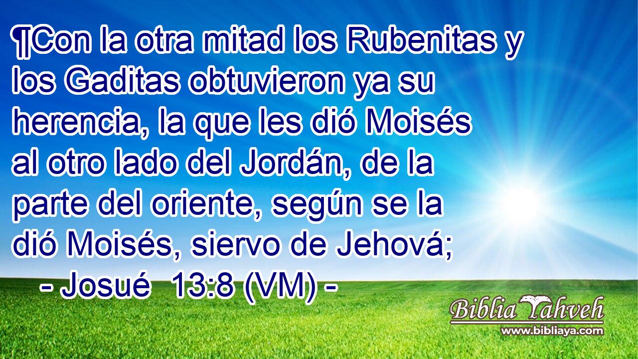  ¶Con la otra mitad los Rubenitas y los Gaditas obtuvieron ya su herencia, la que les dió Moisés al otro lado del Jordán, de la parte del oriente, según se la dió Moisés, siervo de Jehová; 