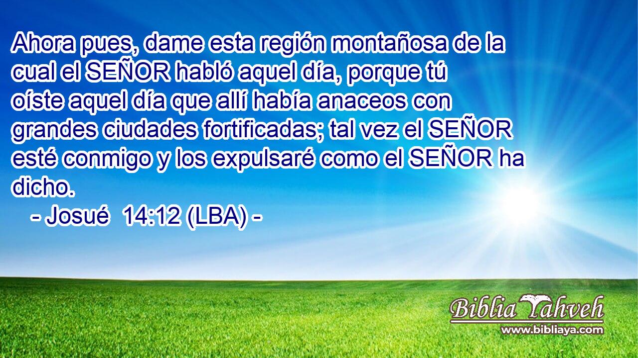 Ahora pues, dame esta región montañosa de la cual el SEÑOR habló aquel día, porque tú oíste aquel día que allí había anaceos con grandes ciudades fortificadas; tal vez el SEÑOR esté conmigo y los expulsaré como el SEÑOR ha dicho.