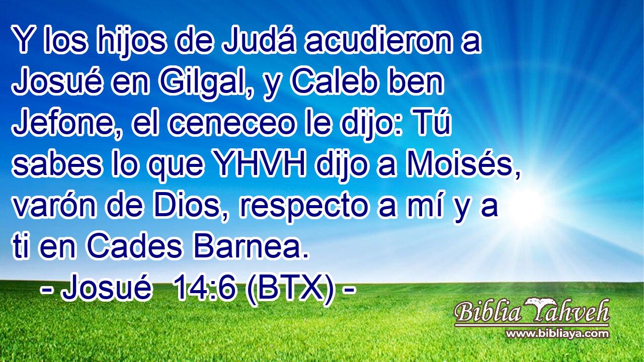 Y los hijos de Judá acudieron a Josué en Gilgal, y Caleb ben Jefone, el ceneceo le dijo: Tú sabes lo que YHVH dijo a Moisés, varón de Dios, respecto a mí y a ti en Cades Barnea.