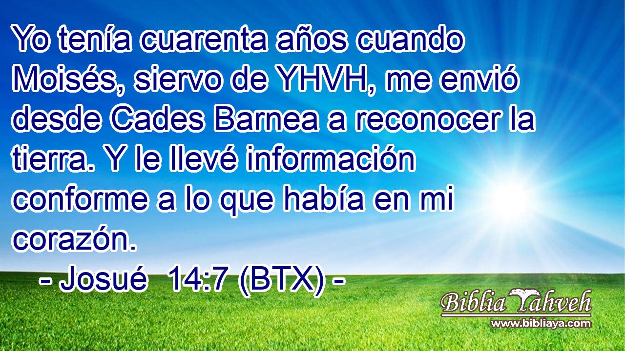 Yo tenía cuarenta años cuando Moisés, siervo de YHVH, me envió desde Cades Barnea a reconocer la tierra. Y le llevé información conforme a lo que había en mi corazón.