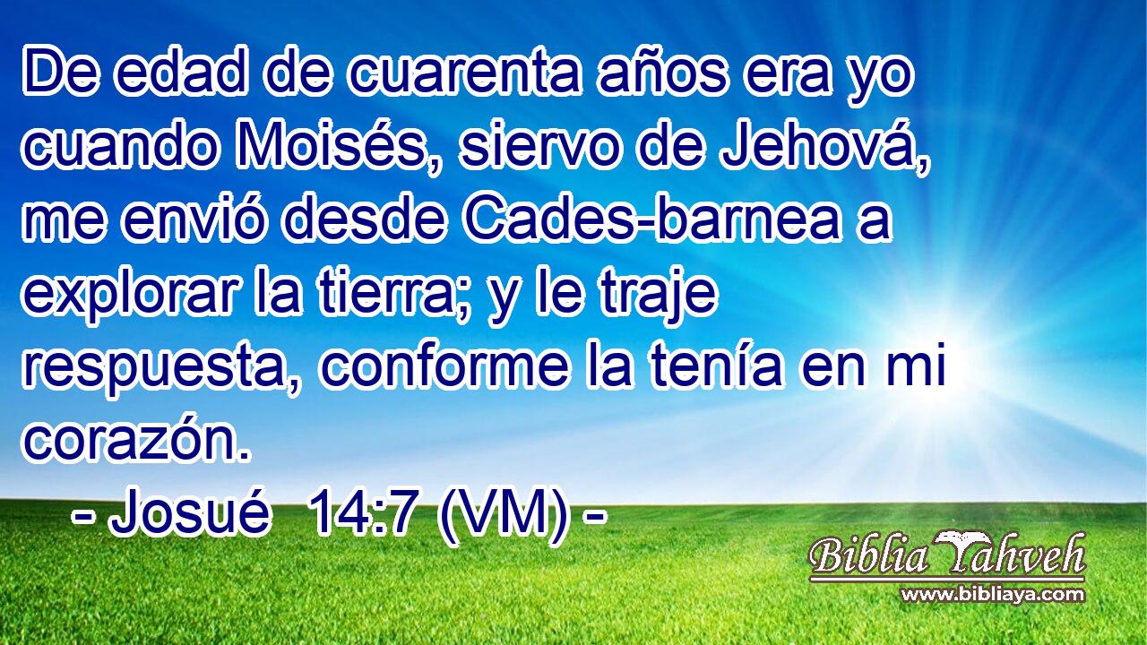  De edad de cuarenta años era yo cuando Moisés, siervo de Jehová, me envió desde Cades-barnea a explorar la tierra; y le traje respuesta, conforme la tenía en mi corazón. 