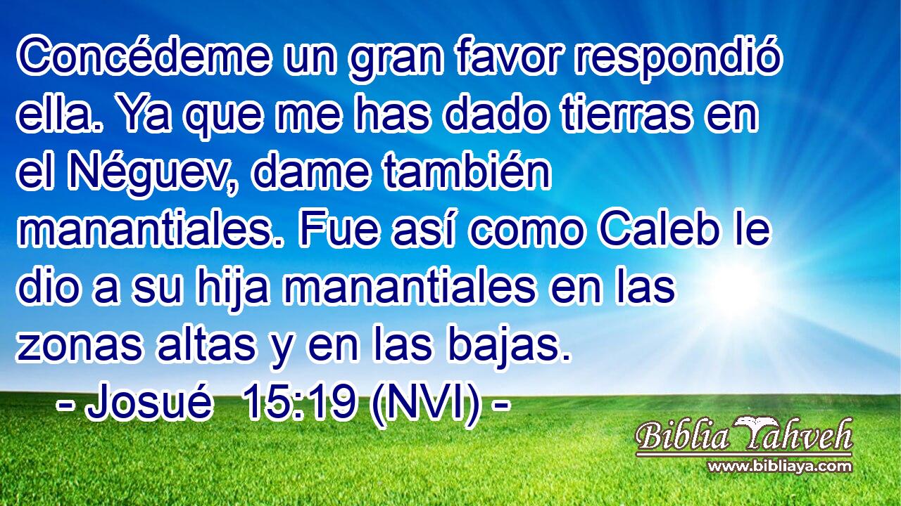  Concédeme un gran favor respondió ella. Ya que me has dado tierras en el Néguev, dame también manantiales. Fue así como Caleb le dio a su hija manantiales en las zonas altas y en las bajas. 