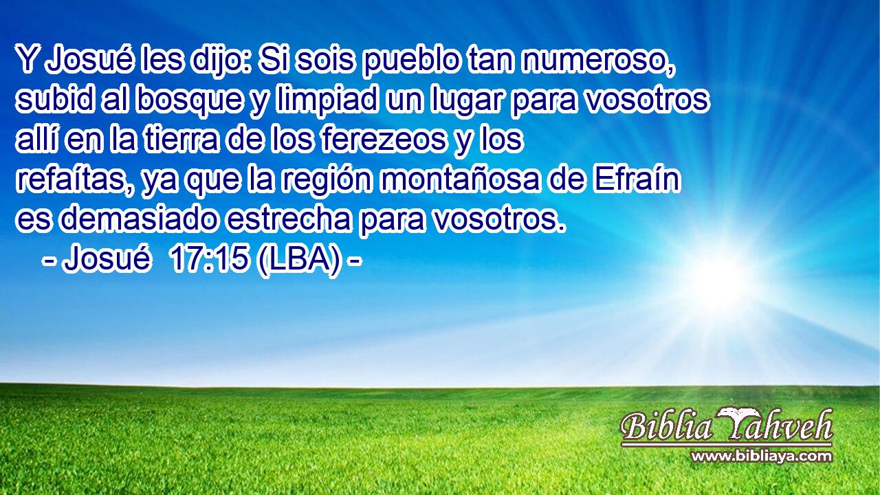 Y Josué les dijo: Si sois pueblo tan numeroso, subid al bosque y limpiad un lugar para vosotros allí en la tierra de los ferezeos y los refaítas, ya que la región montañosa de Efraín es demasiado estrecha para vosotros.