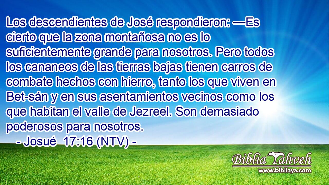 Los descendientes de José respondieron: —Es cierto que la zona montañosa no es lo suficientemente grande para nosotros. Pero todos los cananeos de las tierras bajas tienen carros de combate hechos con hierro, tanto los que viven en Bet-sán y en sus asentamientos vecinos como los que habitan el valle de Jezreel. Son demasiado poderosos para nosotros.