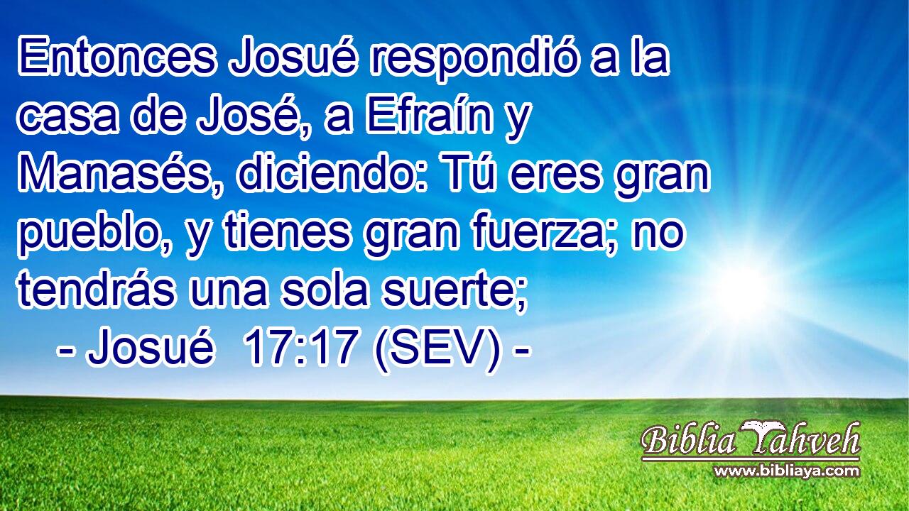 Entonces Josué respondió a la casa de José, a Efraín y Manasés, diciendo: Tú eres gran pueblo, y tienes gran fuerza; no tendrás una sola suerte;