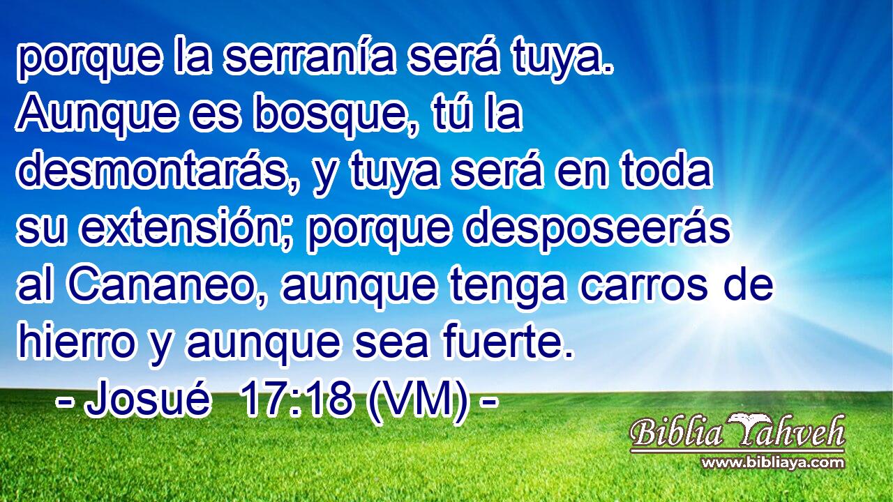  porque la serranía será tuya. Aunque es bosque, tú la desmontarás, y tuya será en toda su extensión; porque desposeerás al Cananeo, aunque tenga carros de hierro y aunque sea fuerte. 