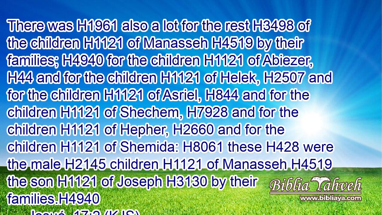 There was H1961 also a lot for the rest H3498 of the children H1121 of Manasseh H4519 by their families; H4940 for the children H1121 of Abiezer, H44 and for the children H1121 of Helek, H2507 and for the children H1121 of Asriel, H844 and for the children H1121 of Shechem, H7928 and for the children H1121 of Hepher, H2660 and for the children H1121 of Shemida: H8061 these H428 were the male H2145 children H1121 of Manasseh H4519 the son H1121 of Joseph H3130 by their families.H4940