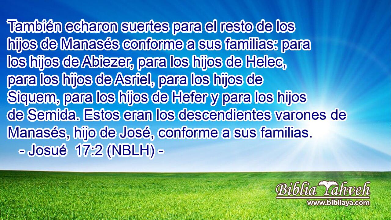  También echaron suertes para el resto de los hijos de Manasés conforme a sus familias: para los hijos de Abiezer, para los hijos de Helec, para los hijos de Asriel, para los hijos de Siquem, para los hijos de Hefer y para los hijos de Semida. Estos eran los descendientes varones de Manasés, hijo de José, conforme a sus familias. 