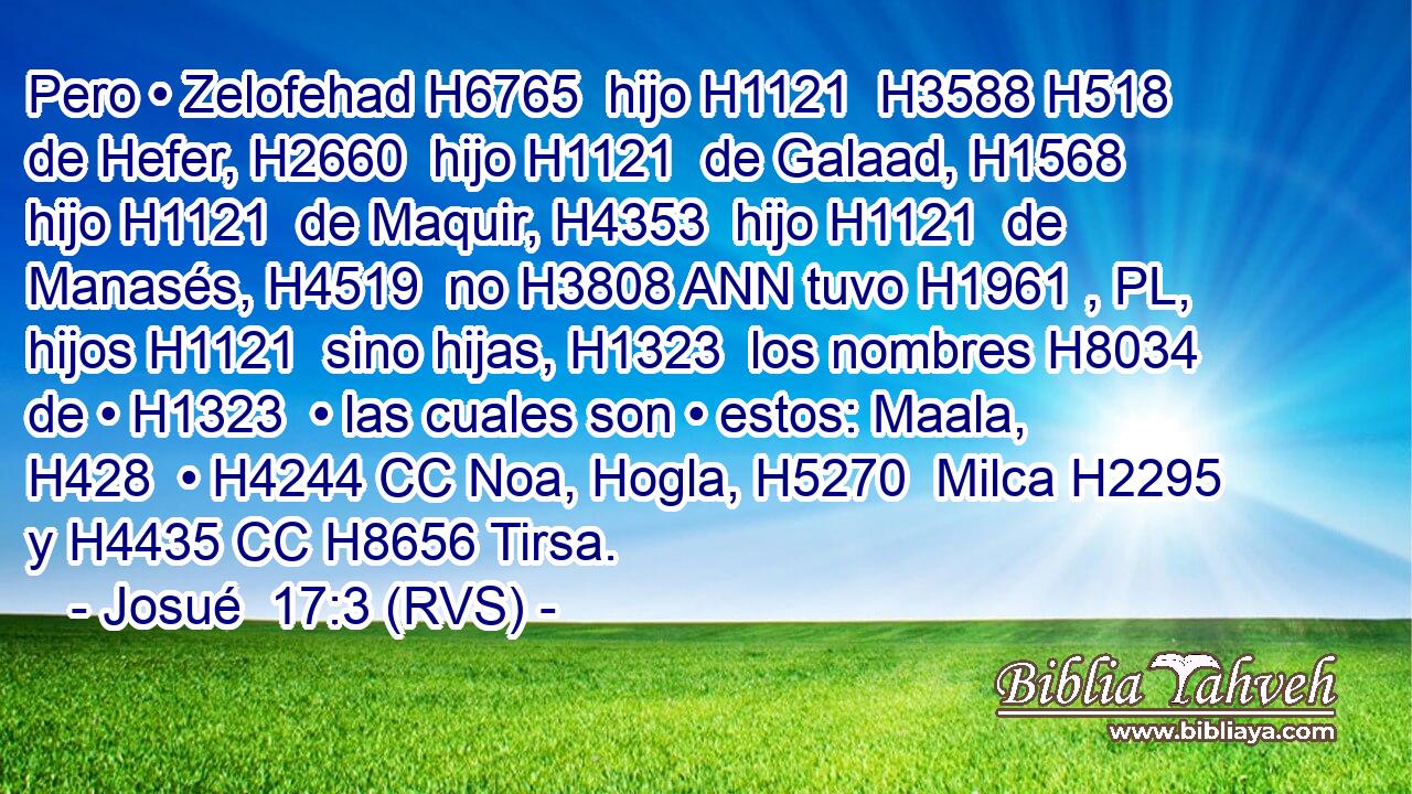 Pero • Zelofehad H6765  hijo H1121  H3588 H518 de Hefer, H2660  hijo H1121  de Galaad, H1568  hijo H1121  de Maquir, H4353  hijo H1121  de Manasés, H4519  no H3808 ANN tuvo H1961 , PL,  hijos H1121  sino hijas, H1323  los nombres H8034  de • H1323  • las cuales son • estos: Maala, H428  • H4244 CC Noa, Hogla, H5270  Milca H2295  y H4435 CC H8656 Tirsa. 