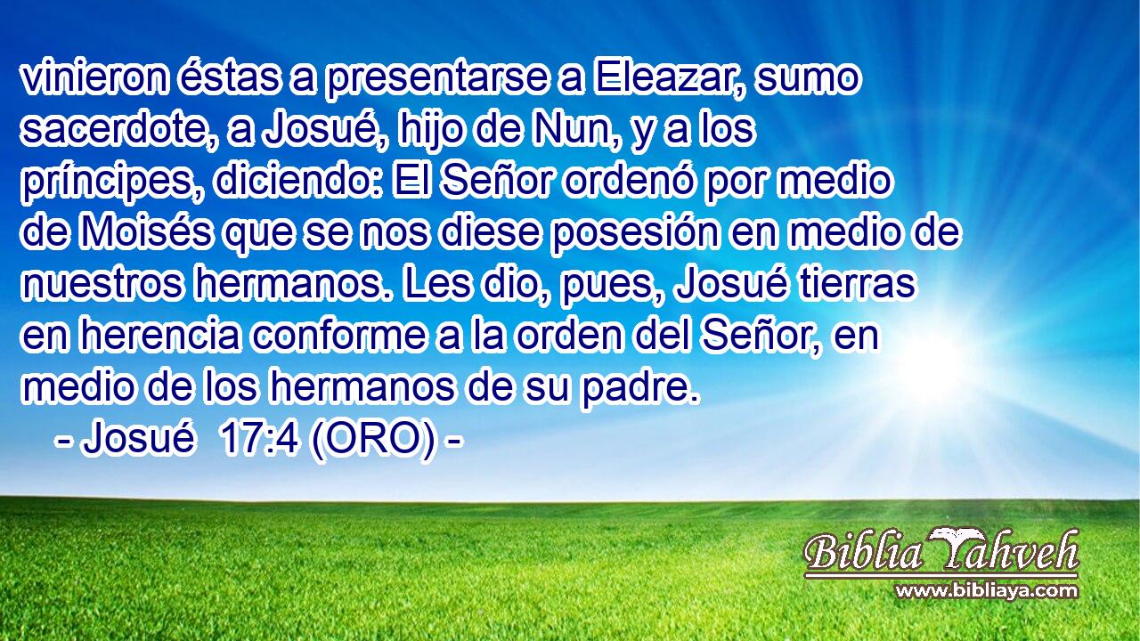  vinieron éstas a presentarse a Eleazar, sumo sacerdote, a Josué, hijo de Nun, y a los príncipes, diciendo: El Señor ordenó por medio de Moisés que se nos diese posesión en medio de nuestros hermanos. Les dio, pues, Josué tierras en herencia conforme a la orden del Señor, en medio de los hermanos de su padre. 