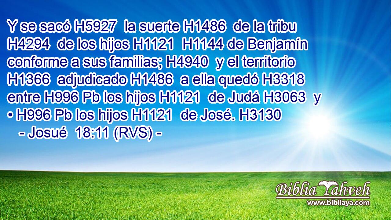 Y se sacó H5927  la suerte H1486  de la tribu H4294  de los hijos H1121  H1144 de Benjamín conforme a sus familias; H4940  y el territorio H1366  adjudicado H1486  a ella quedó H3318  entre H996 Pb los hijos H1121  de Judá H3063  y • H996 Pb los hijos H1121  de José. H3130  
