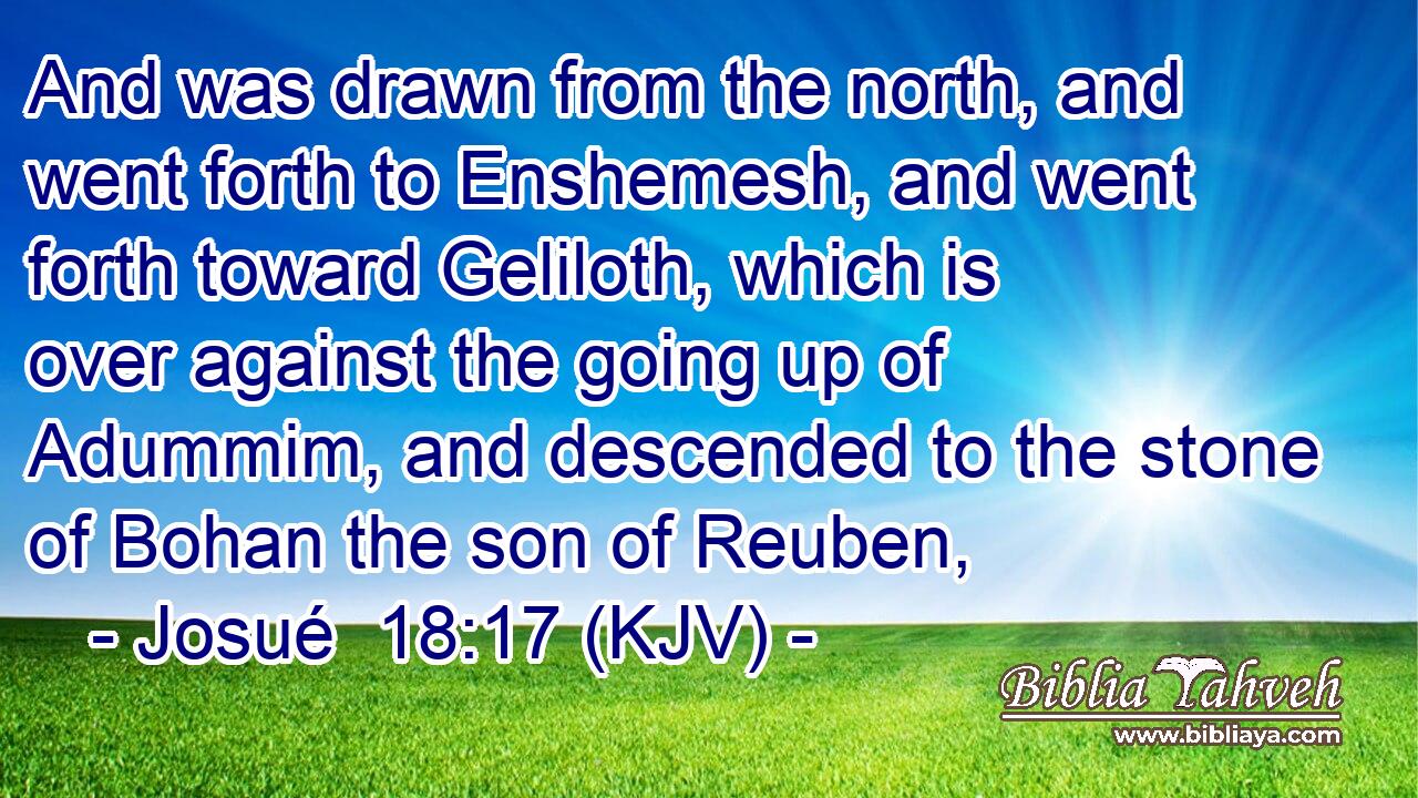 And was drawn from the north, and went forth to Enshemesh, and went forth toward Geliloth, which is over against the going up of Adummim, and descended to the stone of Bohan the son of Reuben,