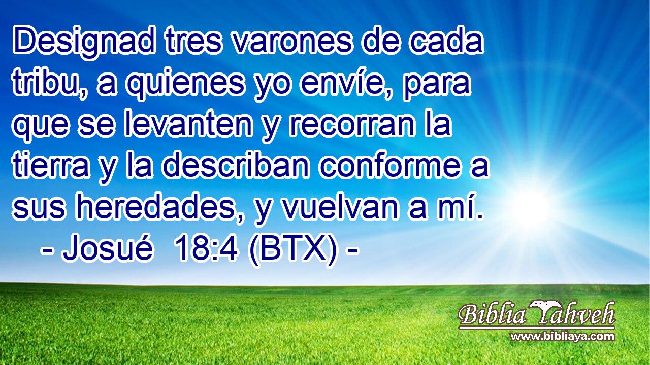 Designad tres varones de cada tribu, a quienes yo envíe, para que se levanten y recorran la tierra y la describan conforme a sus heredades, y vuelvan a mí.