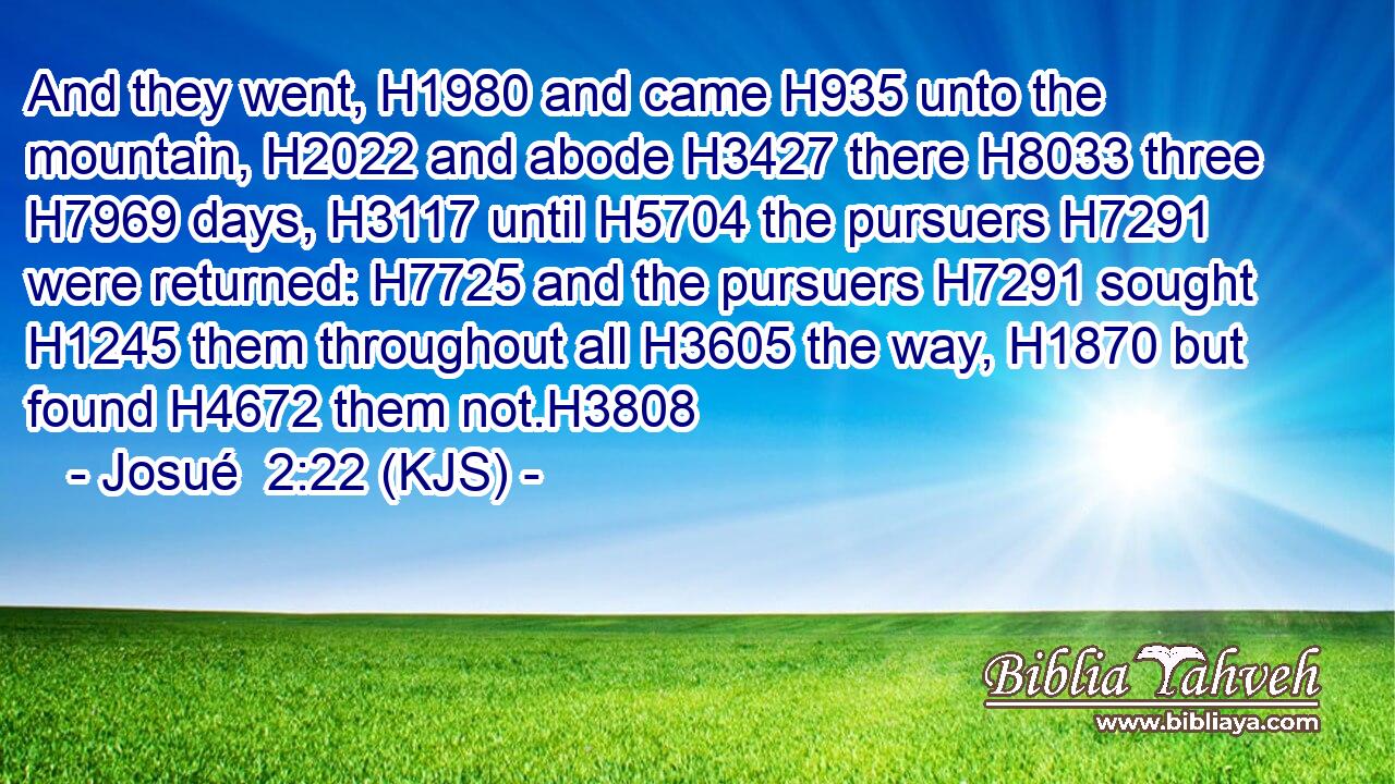 And they went, H1980 and came H935 unto the mountain, H2022 and abode H3427 there H8033 three H7969 days, H3117 until H5704 the pursuers H7291 were returned: H7725 and the pursuers H7291 sought H1245 them throughout all H3605 the way, H1870 but found H4672 them not.H3808