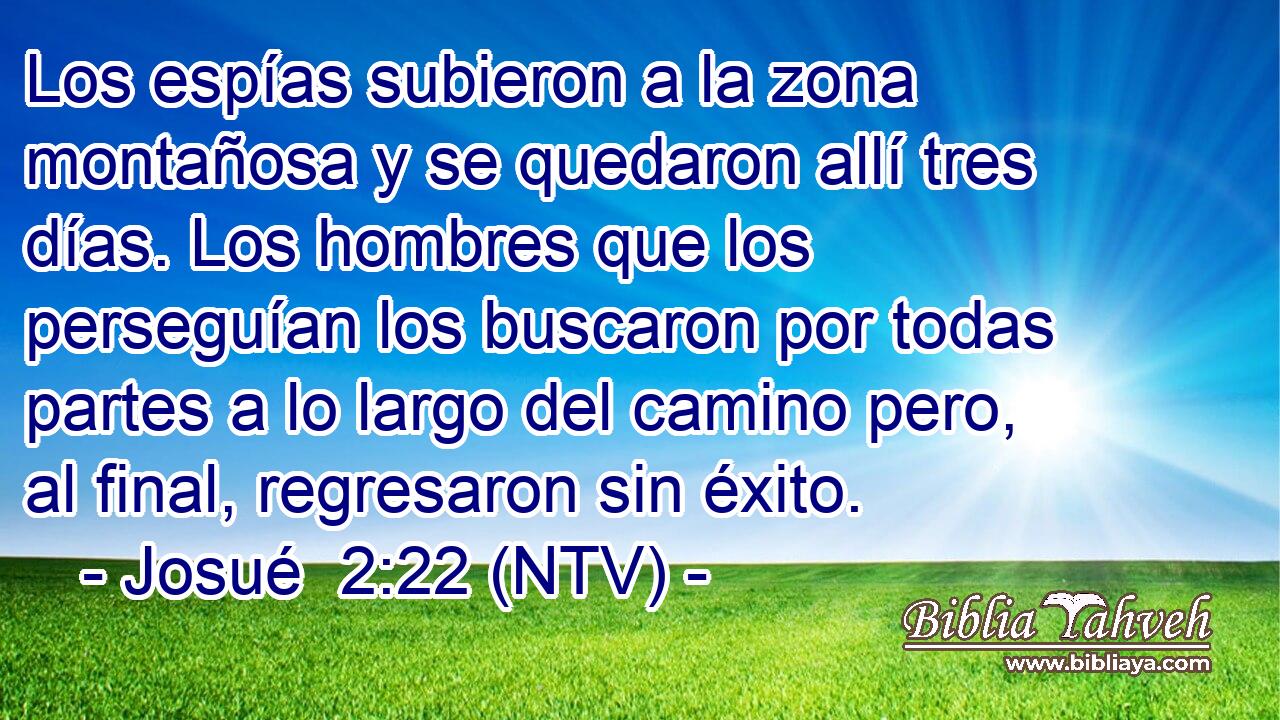 Los espías subieron a la zona montañosa y se quedaron allí tres días. Los hombres que los perseguían los buscaron por todas partes a lo largo del camino pero, al final, regresaron sin éxito.