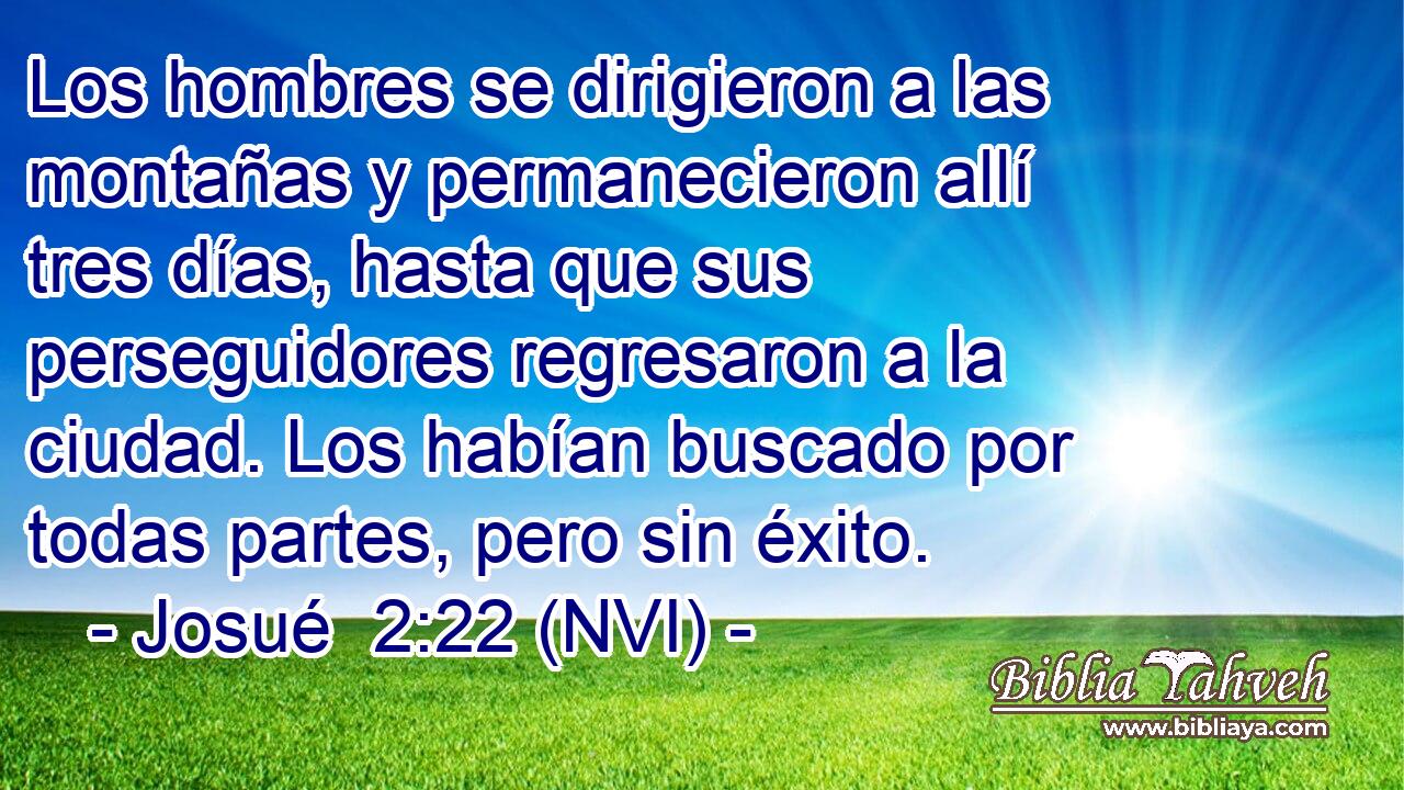  Los hombres se dirigieron a las montañas y permanecieron allí tres días, hasta que sus perseguidores regresaron a la ciudad. Los habían buscado por todas partes, pero sin éxito. 