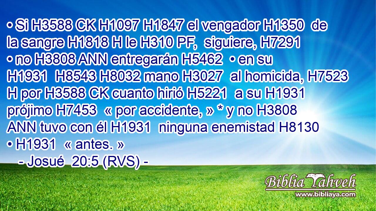 • Si H3588 CK H1097 H1847 el vengador H1350  de la sangre H1818 H le H310 PF,  siguiere, H7291  • no H3808 ANN entregarán H5462  • en su H1931  H8543 H8032 mano H3027  al homicida, H7523 H por H3588 CK cuanto hirió H5221  a su H1931  prójimo H7453  « por accidente, » * y no H3808 ANN tuvo con él H1931  ninguna enemistad H8130  • H1931  « antes. » 