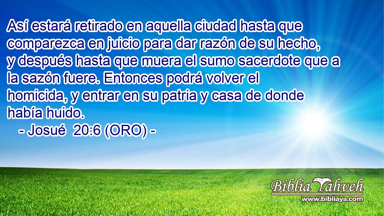  Así estará retirado en aquella ciudad hasta que comparezca en juicio para dar razón de su hecho, y después hasta que muera el sumo sacerdote que a la sazón fuere. Entonces podrá volver el homicida, y entrar en su patria y casa de donde había huido. 