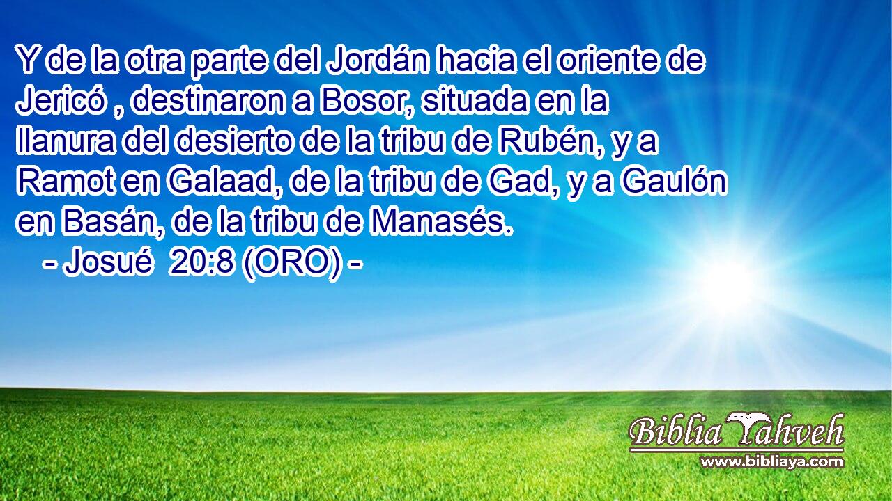  Y de la otra parte del Jordán hacia el oriente de Jericó , destinaron a Bosor, situada en la llanura del desierto de la tribu de Rubén, y a Ramot en Galaad, de la tribu de Gad, y a Gaulón en Basán, de la tribu de Manasés. 