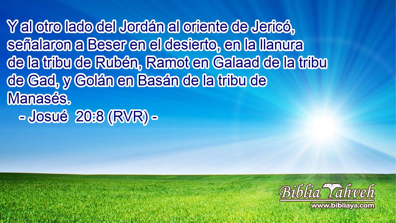 Y al otro lado del Jordán al oriente de Jericó, señalaron a Beser en el desierto, en la llanura de la tribu de Rubén, Ramot en Galaad de la tribu de Gad, y Golán en Basán de la tribu de Manasés.
