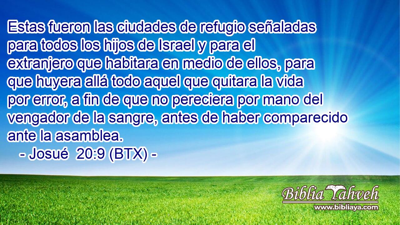 Estas fueron las ciudades de refugio señaladas para todos los hijos de Israel y para el extranjero que habitara en medio de ellos, para que huyera allá todo aquel que quitara la vida por error, a fin de que no pereciera por mano del vengador de la sangre, antes de haber comparecido ante la asamblea.