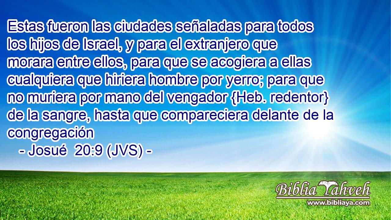 Estas fueron las ciudades señaladas para todos los hijos de Israel, y para el extranjero que morara entre ellos, para que se acogiera a ellas cualquiera que hiriera hombre por yerro; para que no muriera por mano del vengador {Heb. redentor} de la sangre, hasta que compareciera delante de la congregación