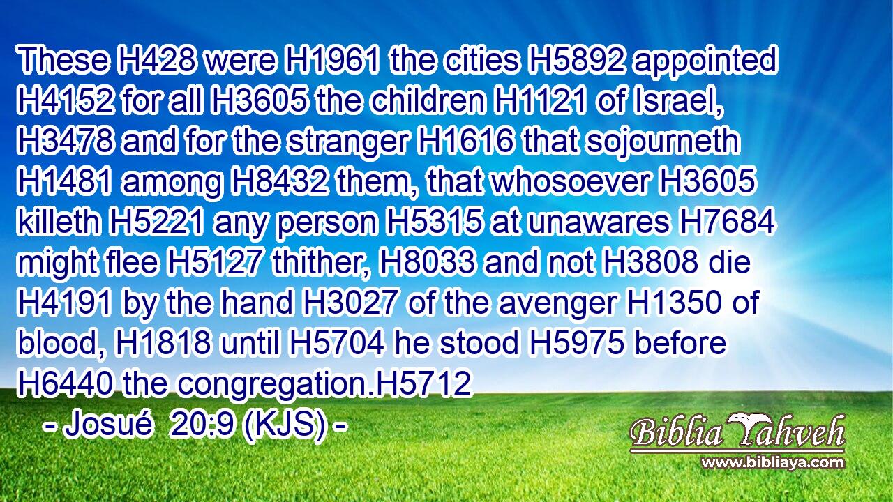These H428 were H1961 the cities H5892 appointed H4152 for all H3605 the children H1121 of Israel, H3478 and for the stranger H1616 that sojourneth H1481 among H8432 them, that whosoever H3605 killeth H5221 any person H5315 at unawares H7684 might flee H5127 thither, H8033 and not H3808 die H4191 by the hand H3027 of the avenger H1350 of blood, H1818 until H5704 he stood H5975 before H6440 the congregation.H5712