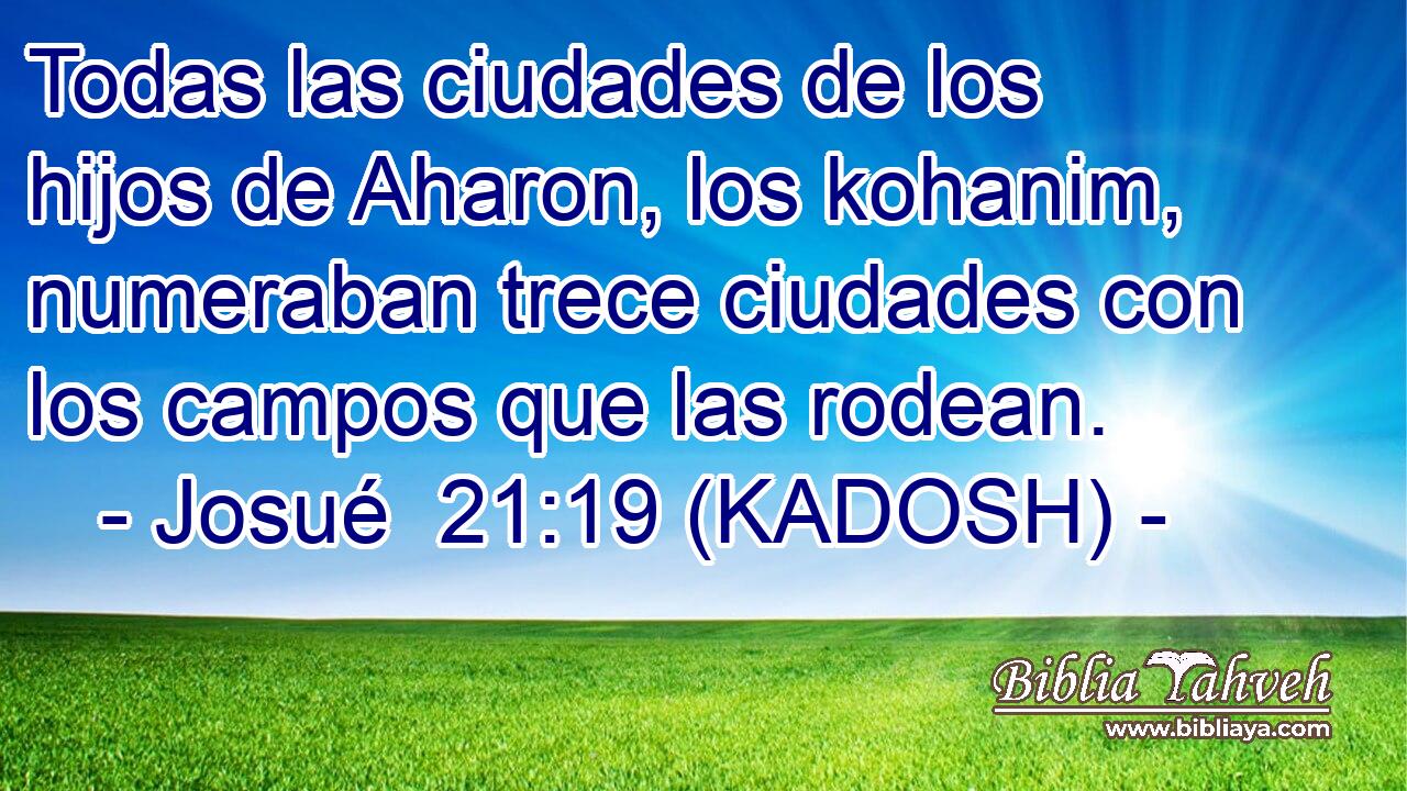  Todas las ciudades de los hijos de Aharon, los kohanim, numeraban trece ciudades con los campos que las rodean. 
