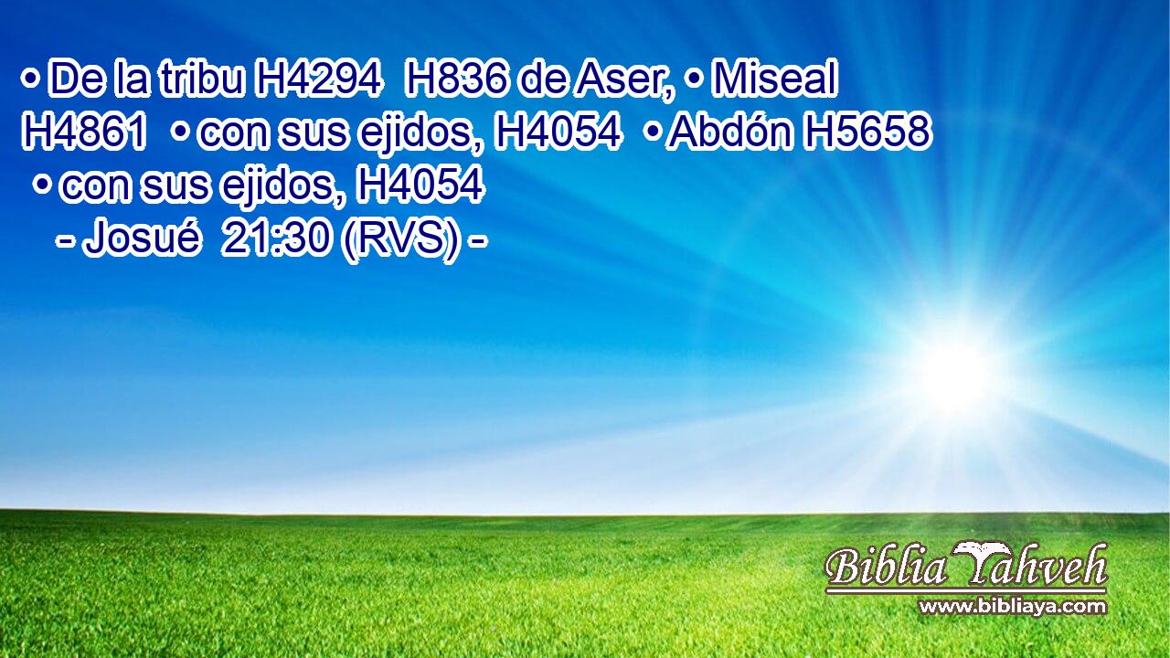 • De la tribu H4294  H836 de Aser, • Miseal H4861  • con sus ejidos, H4054  • Abdón H5658  • con sus ejidos, H4054  