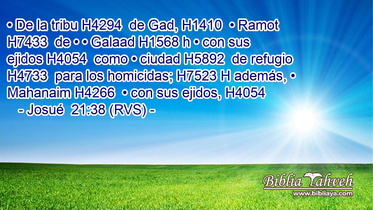 • De la tribu H4294  de Gad, H1410  • Ramot H7433  de • • Galaad H1568 h • con sus ejidos H4054  como • ciudad H5892  de refugio H4733  para los homicidas; H7523 H además, • Mahanaim H4266  • con sus ejidos, H4054  
