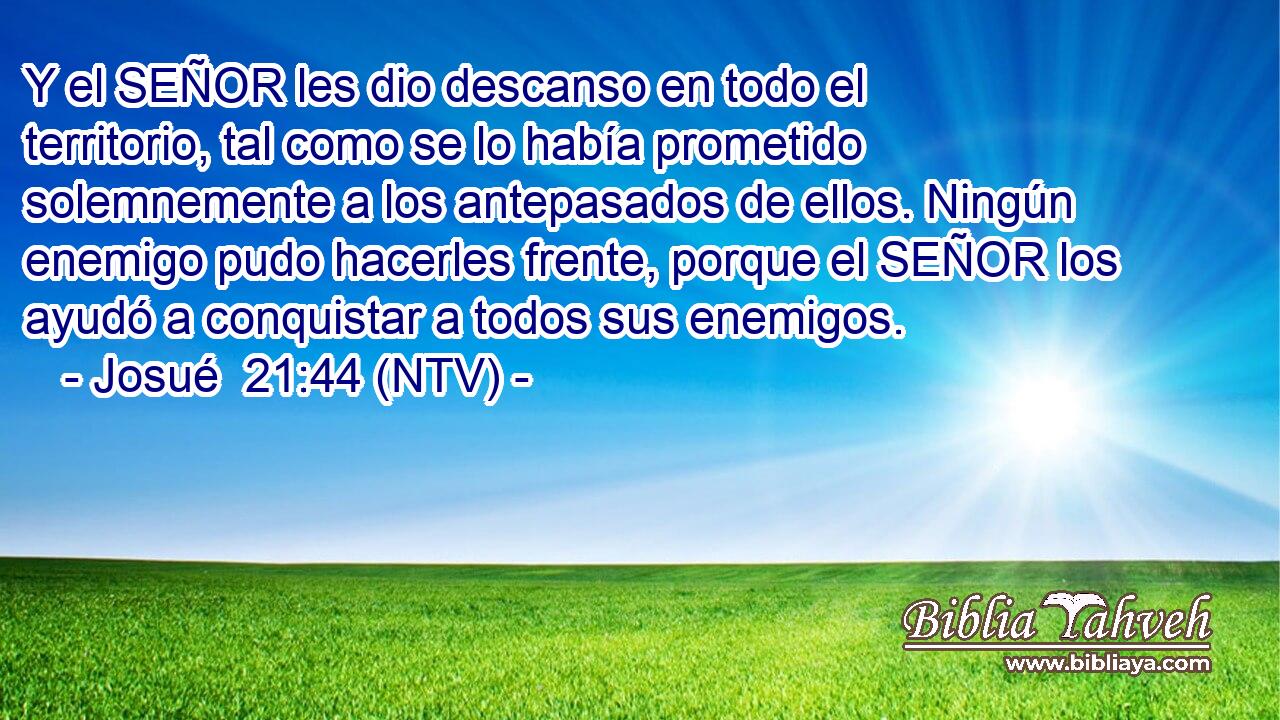 Y el SEÑOR les dio descanso en todo el territorio, tal como se lo había prometido solemnemente a los antepasados de ellos. Ningún enemigo pudo hacerles frente, porque el SEÑOR los ayudó a conquistar a todos sus enemigos.