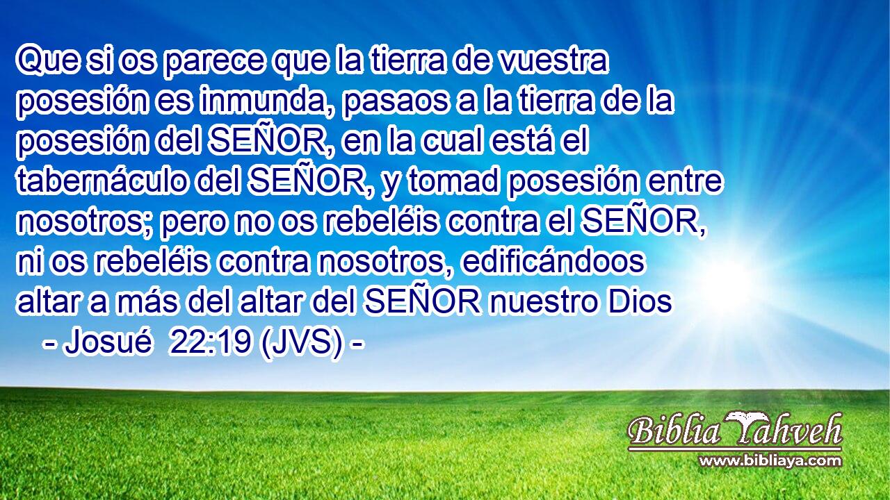 Que si os parece que la tierra de vuestra posesión es inmunda, pasaos a la tierra de la posesión del SEÑOR, en la cual está el tabernáculo del SEÑOR, y tomad posesión entre nosotros; pero no os rebeléis contra el SEÑOR, ni os rebeléis contra nosotros, edificándoos altar a más del altar del SEÑOR nuestro Dios