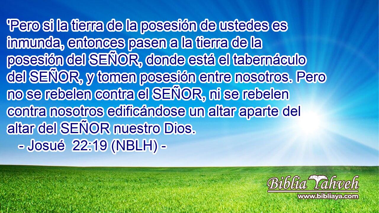  'Pero si la tierra de la posesión de ustedes es inmunda, entonces pasen a la tierra de la posesión del SEÑOR, donde está el tabernáculo del SEÑOR, y tomen posesión entre nosotros. Pero no se rebelen contra el SEÑOR, ni se rebelen contra nosotros edificándose un altar aparte del altar del SEÑOR nuestro Dios. 