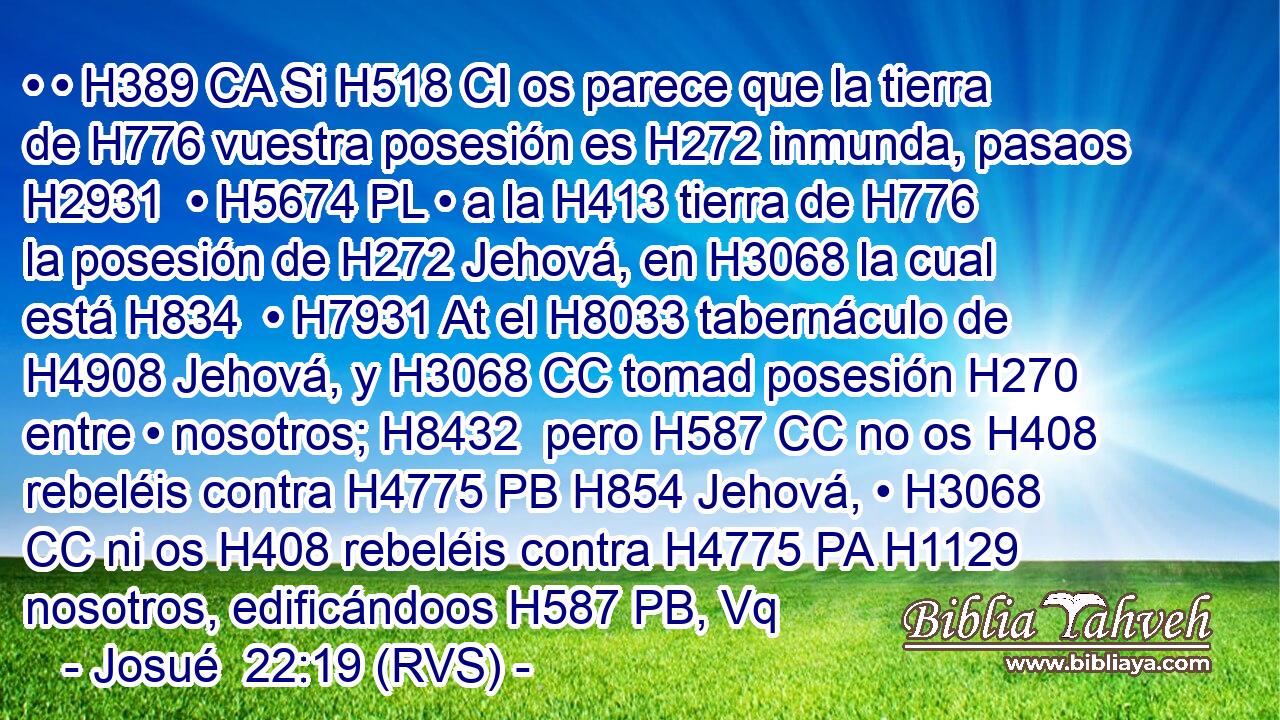 • • H389 CA Si H518 CI os parece que la tierra de H776 vuestra posesión es H272 inmunda, pasaos H2931  • H5674 PL • a la H413 tierra de H776 la posesión de H272 Jehová, en H3068 la cual está H834  • H7931 At el H8033 tabernáculo de H4908 Jehová, y H3068 CC tomad posesión H270 entre • nosotros; H8432  pero H587 CC no os H408 rebeléis contra H4775 PB H854 Jehová, • H3068 CC ni os H408 rebeléis contra H4775 PA H1129 nosotros, edificándoos H587 PB, Vq
