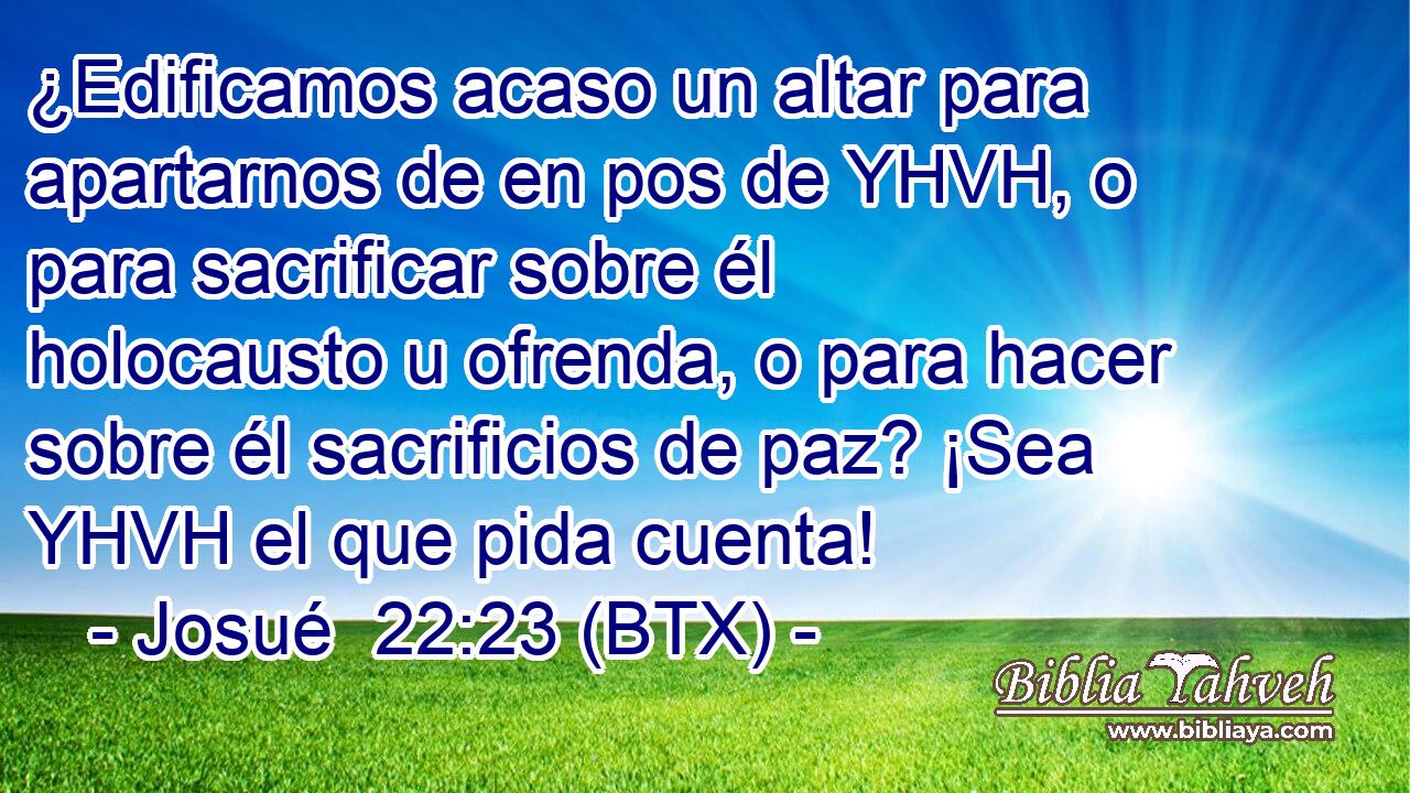 ¿Edificamos acaso un altar para apartarnos de en pos de YHVH, o para sacrificar sobre él holocausto u ofrenda, o para hacer sobre él sacrificios de paz? ¡Sea YHVH el que pida cuenta!