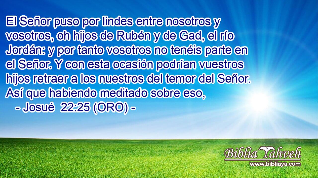  El Señor puso por lindes entre nosotros y vosotros, oh hijos de Rubén y de Gad, el río Jordán: y por tanto vosotros no tenéis parte en el Señor. Y con esta ocasión podrían vuestros hijos retraer a los nuestros del temor del Señor. Así que habiendo meditado sobre eso, 