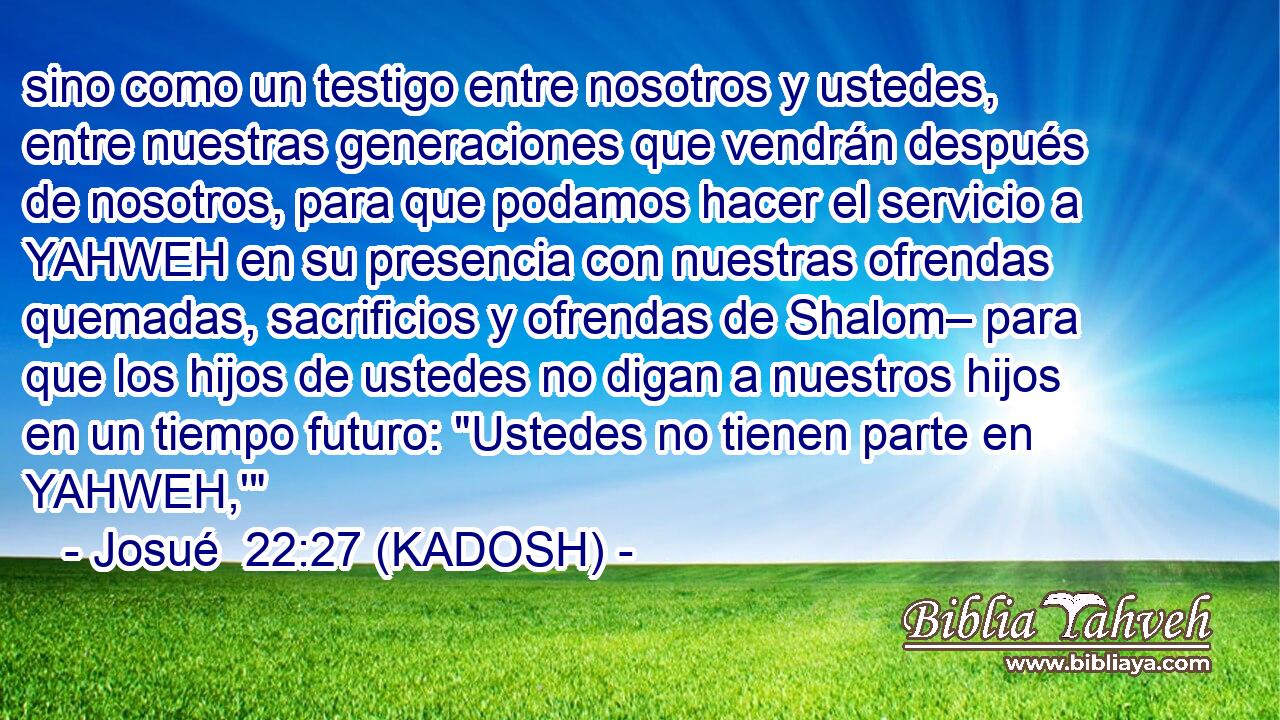  sino como un testigo entre nosotros y ustedes, entre nuestras generaciones que vendrán después de nosotros, para que podamos hacer el servicio a YAHWEH en su presencia con nuestras ofrendas quemadas, sacrificios y ofrendas de Shalom– para que los hijos de ustedes no digan a nuestros hijos en un tiempo futuro: 